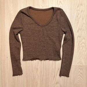 3/20$ Joocy Babi Bronze Ribbed V-Neck Lettuce Edge Long Sleeve Knit Top XS